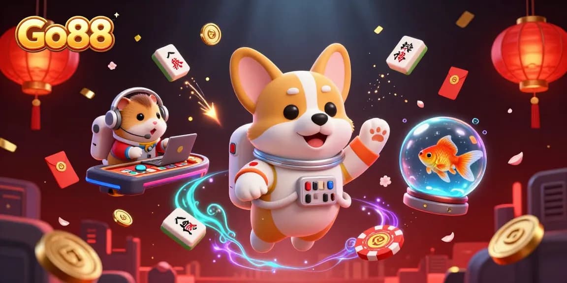 Experience Go88’s thrilling gaming atmosphere with a cartoon astronaut corgi in a vibrant zero-gravity casino.
