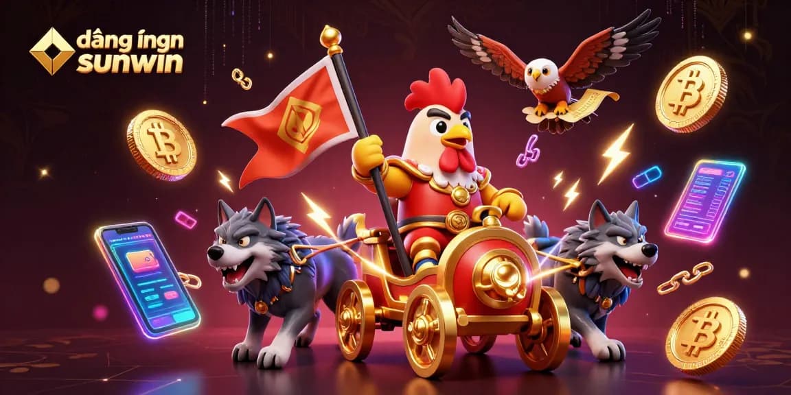 Catch the excitement of đăng nhập sunwin with a vibrant 3D illustration showcasing a rooster warlord in a golden chariot, surrounded by crypto elements.