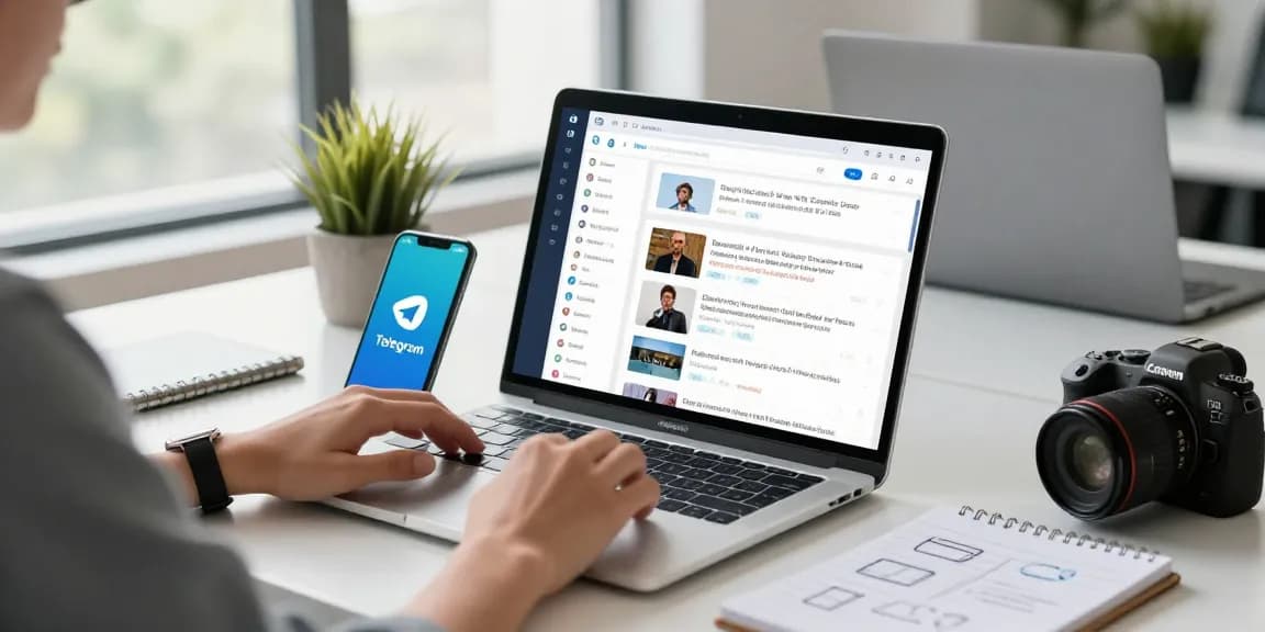 Using the Telegram Web Version on a modern desk setup, with a laptop and smartphone displayed.