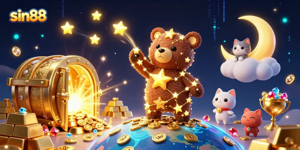 Play and win at sin88 with a dynamic casino scene featuring golden treasures and animated characters.