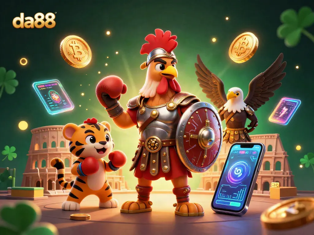 Experience thrilling games at da88 with a cartoon gladiator rooster and crypto elements.