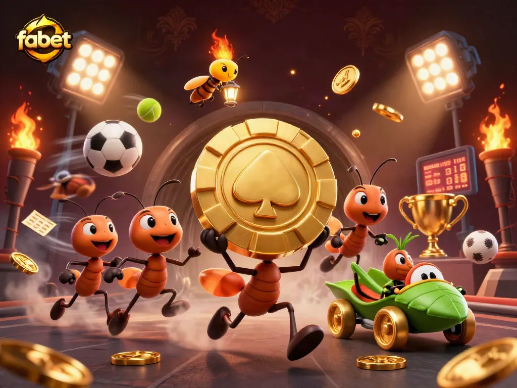 Engage with fabet as ants carry a massive poker chip amid vibrant sports elements.
