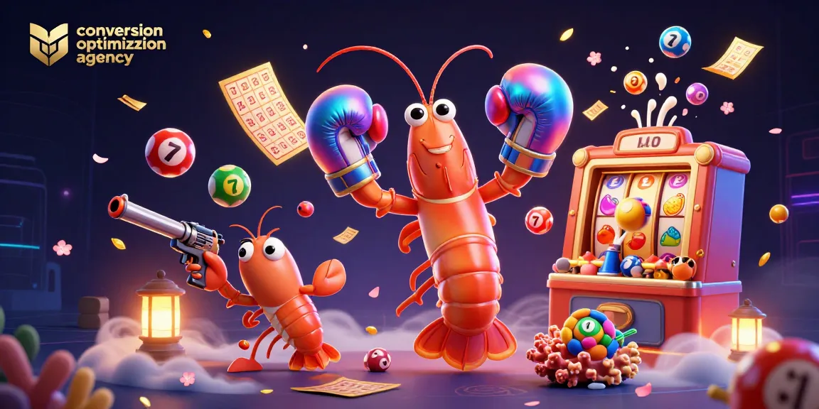 Engage with the conversion optimization agency's dynamic lottery theme featuring vibrant shrimp characters and winning elements.