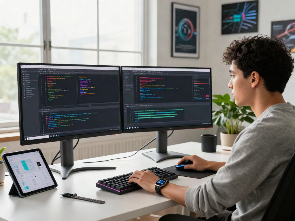 Exploring crushon ia software development in a modern office with vibrant code and tech gadgets.