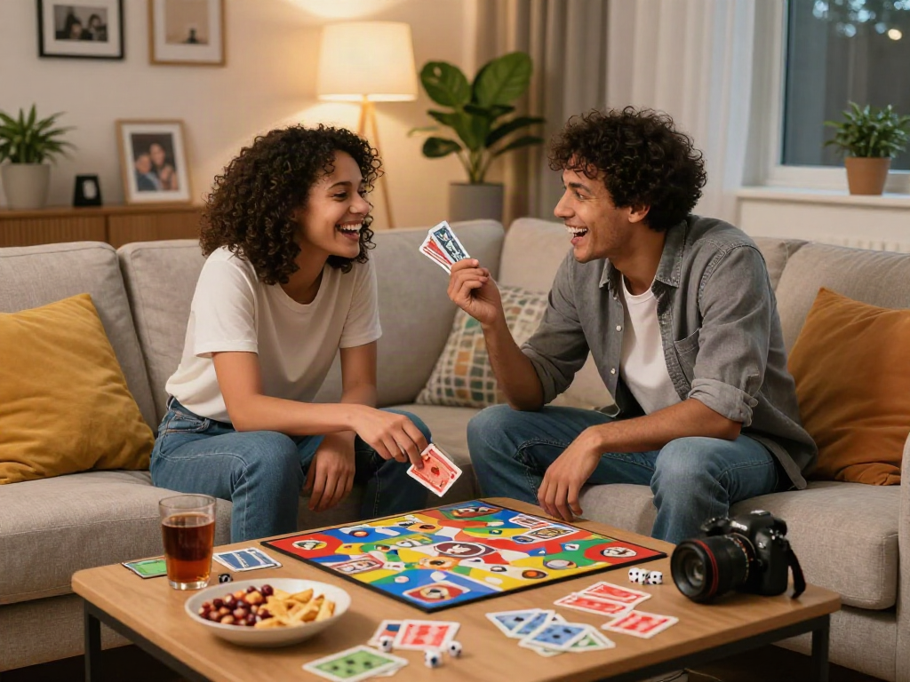Couple enjoying sex games during a cozy game night at home.
