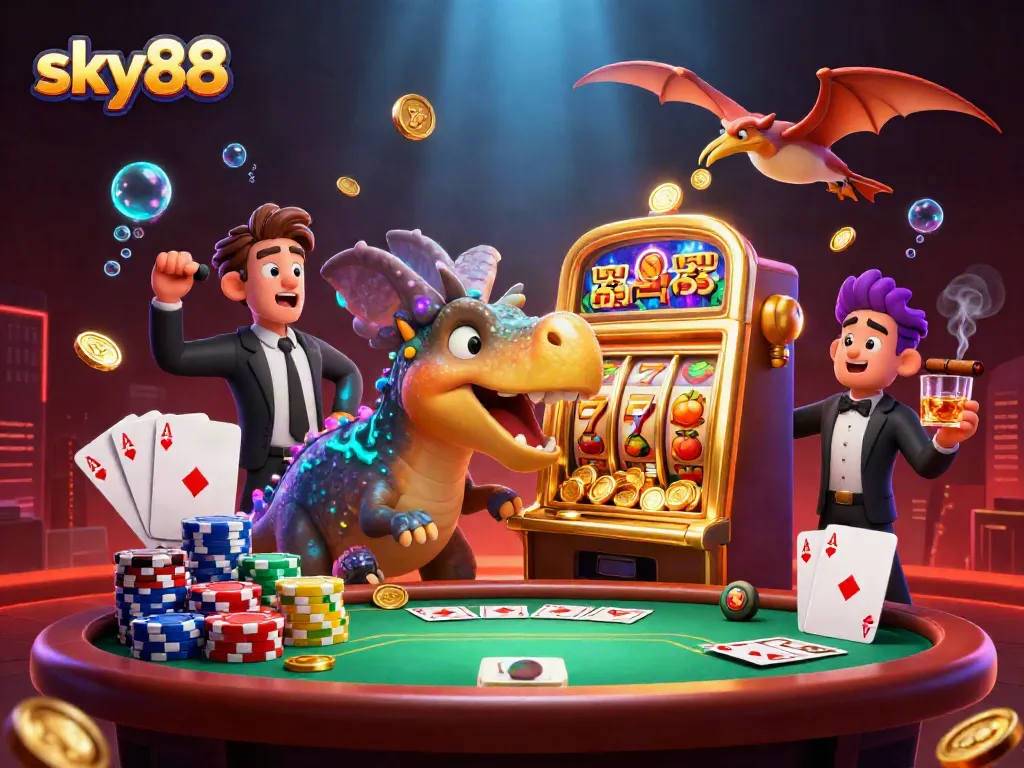 Experience thrills at sky88 with a vibrant casino scene featuring a dinosaur jackpot.