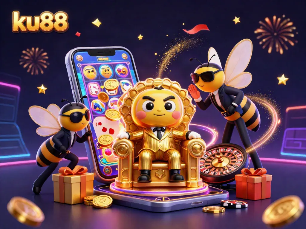 ku88 casino action illustration featuring a bumblebee mob boss with slot games and golden elements