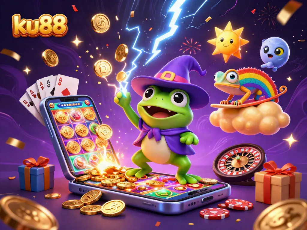 ku88 brings excitement with a storm of golden coins and casino elements in a vibrant illustration.