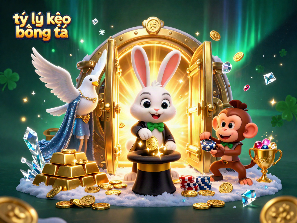 Engage with tỷ lệ kèo bóng đá in this animated casino scene featuring a magician, dove, and monkey.
