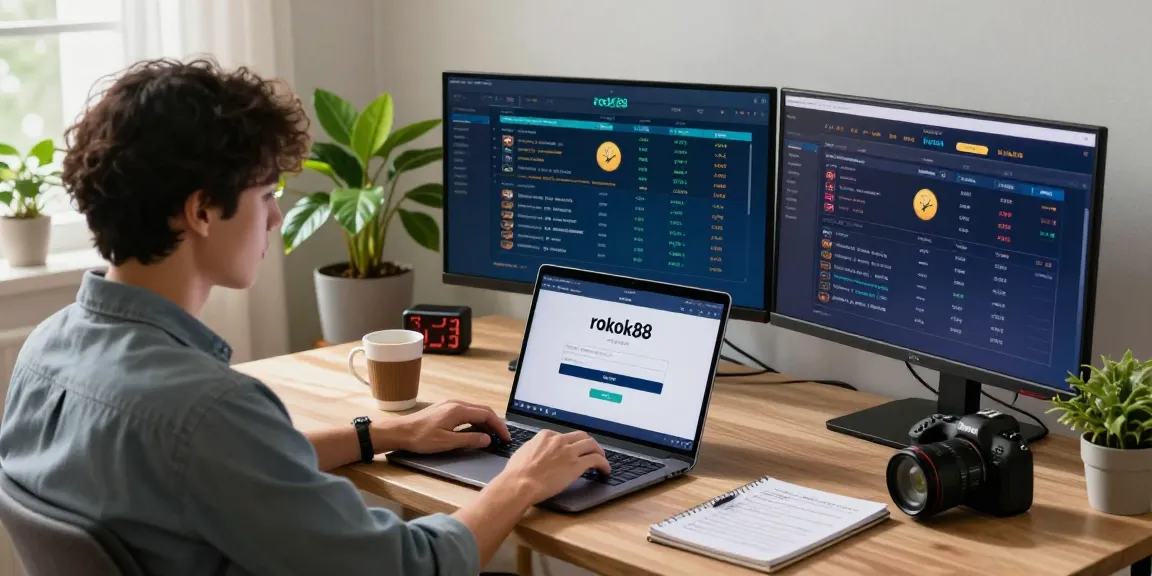User engaging with rokok88 login on laptop in modern home office, surrounded by gaming stats.