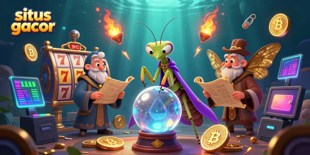 Situs gacor showcases a vibrant scene of a fortune teller and moth librarian among slot reels and glowing crypto coins.
