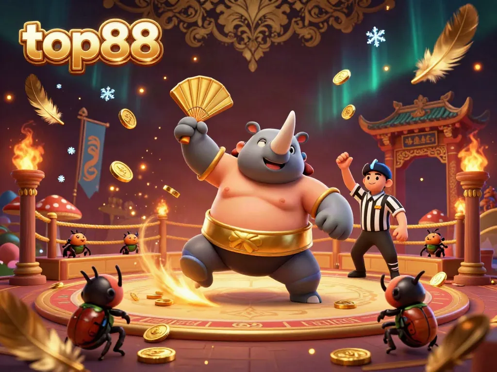 Experience top88 as golden coins fly from the powerful stomp of a beetle sumo champion in a vibrant casino.