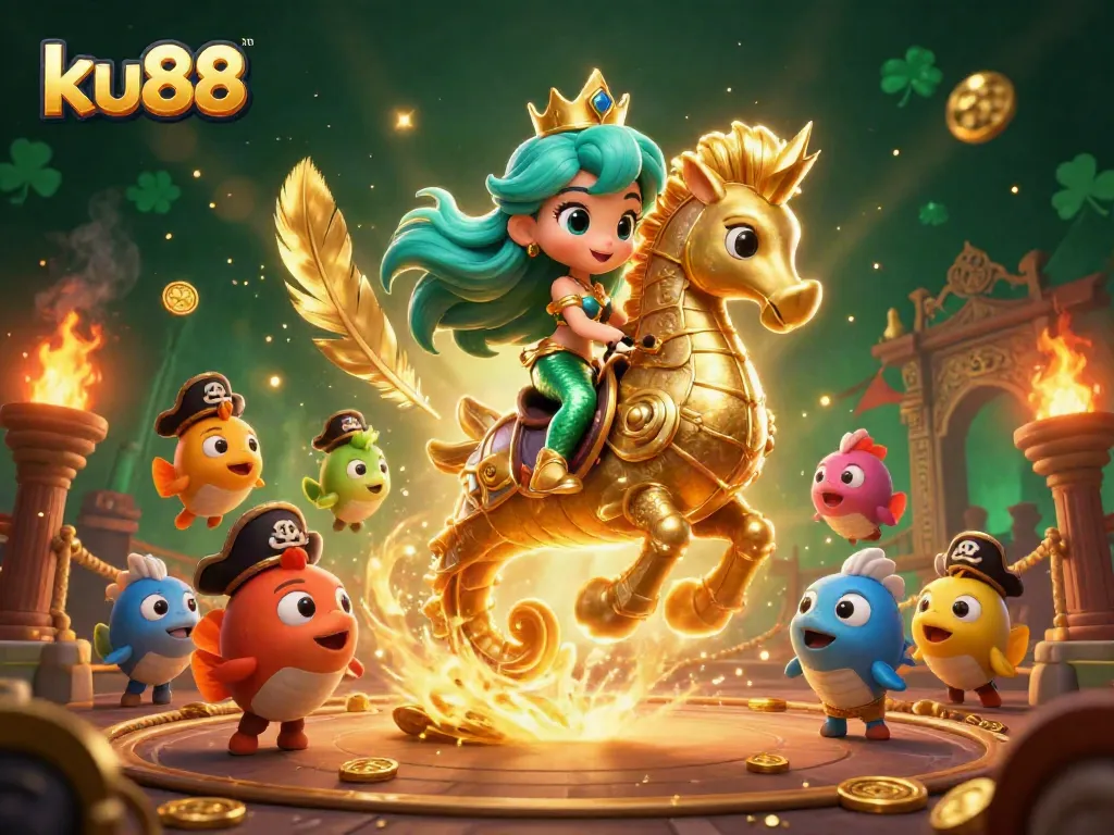 Experience thrilling gameplay at ku88 with a vibrant mermaid princess and majestic seahorse in a dazzling casino setting.