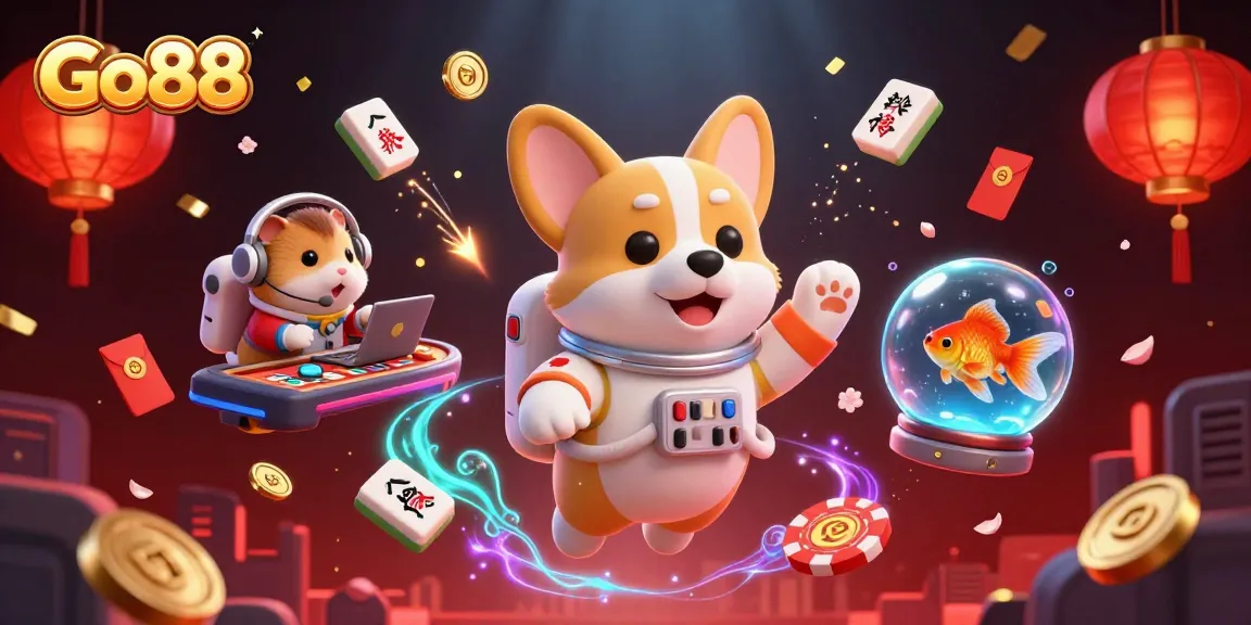 Experience Go88’s thrilling gaming atmosphere with a cartoon astronaut corgi in a vibrant zero-gravity casino.