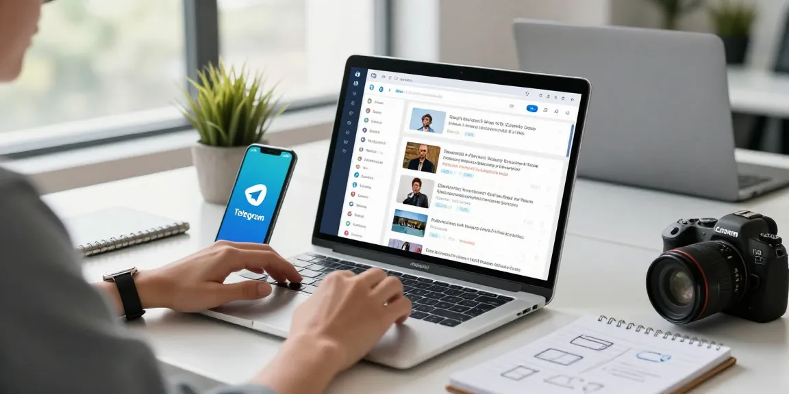 Using the Telegram Web Version on a modern desk setup, with a laptop and smartphone displayed.