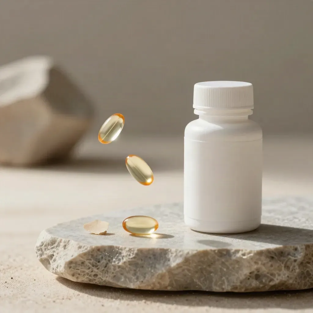 Slim vitamin D3 bottle with drifting soft-gel capsules on a pale limestone plinth