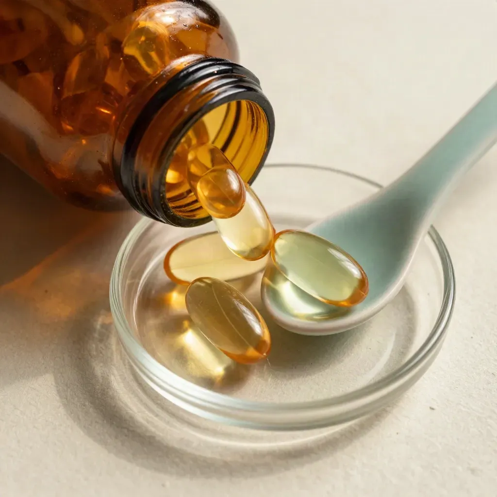 Overhead macro of amber probiotic bottle, capsules, glass dish and teal-glazed spoon.