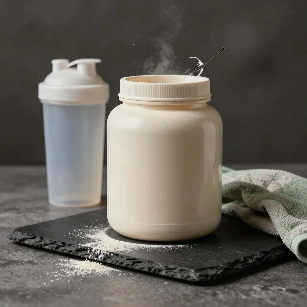 Whey protein tub with shaker, scoop and towel on dark stone in dramatic studio light.