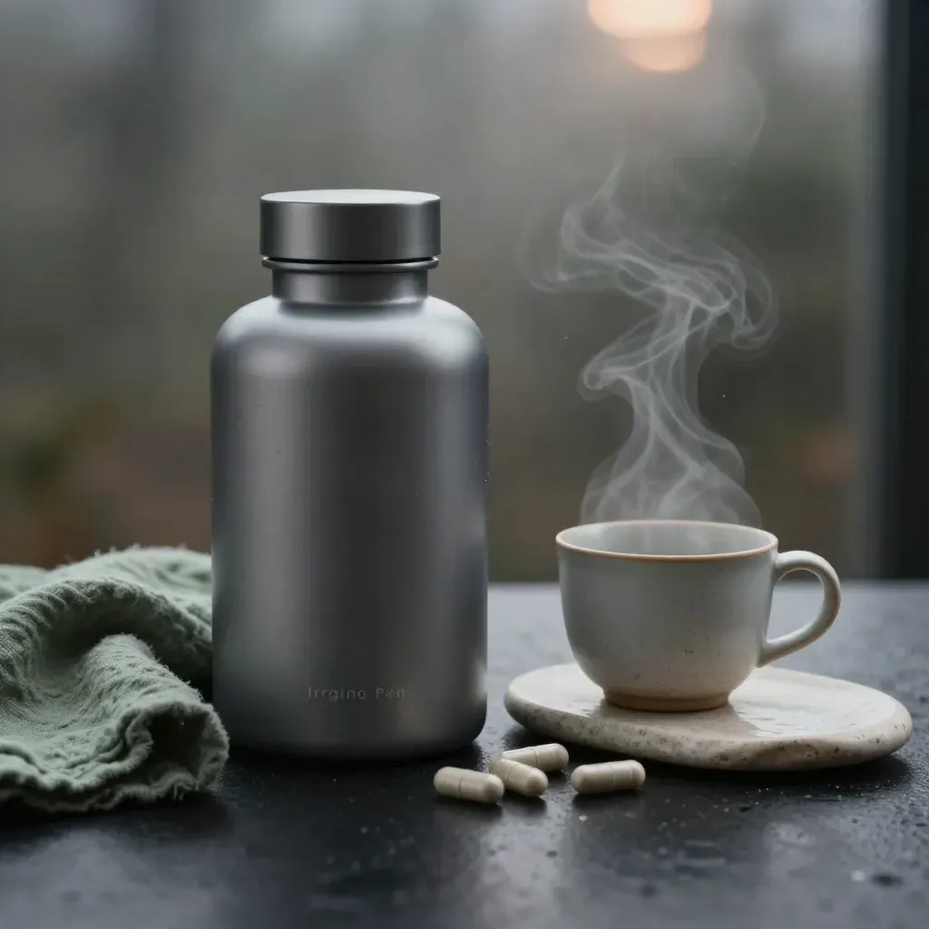 Matte magnesium glycinate bottle with capsules, water cup, linen and stone tray in misty dawn light
