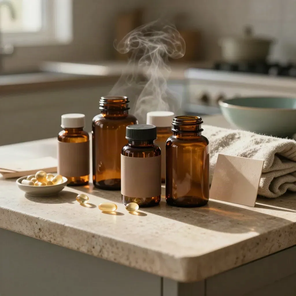 Winter vitamin bottles and capsules on a stone counter with steam and morning light.