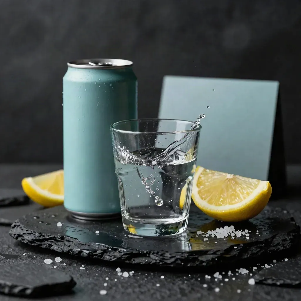 Electrolyte drink mix canister with glass splash, lemon wedge and salt crystals on wet black stone