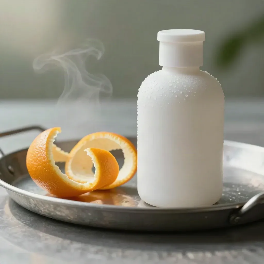 White zinc supplement bottle with citrus peel curls, bowl and tray on brushed steel.