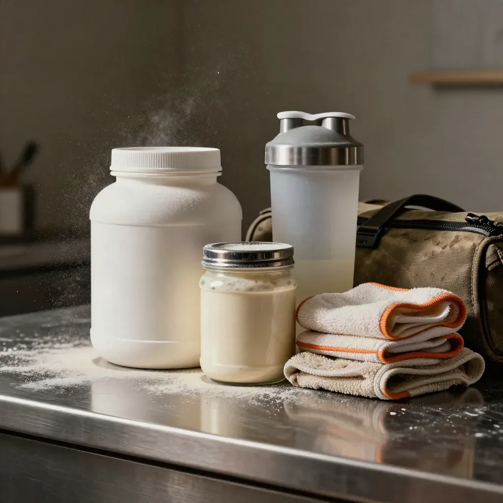 Protein tub, shaker, creatine jar and towel bursting with powder on a steel counter.