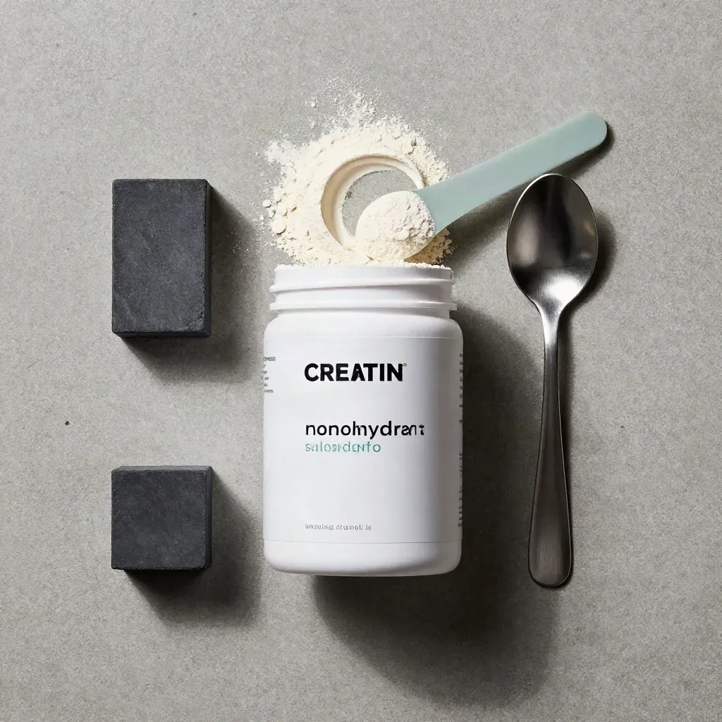 Overhead creatine powder tub with scoop, spoon and chalk block on brushed concrete