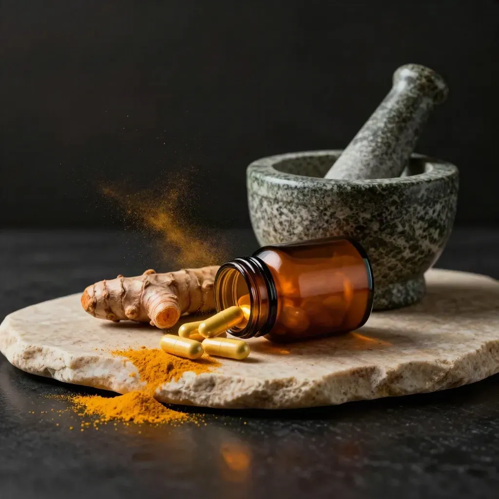 Turmeric curcumin bottle with capsules, root and mortar on warm limestone, lit dramatically
