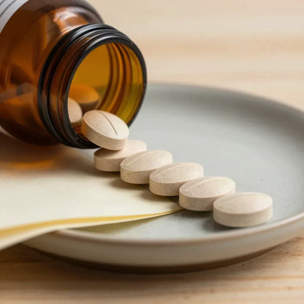 Amber supplement bottle, ceramic dish of tablets, cream paper, and pale wood in a tight macro still life.