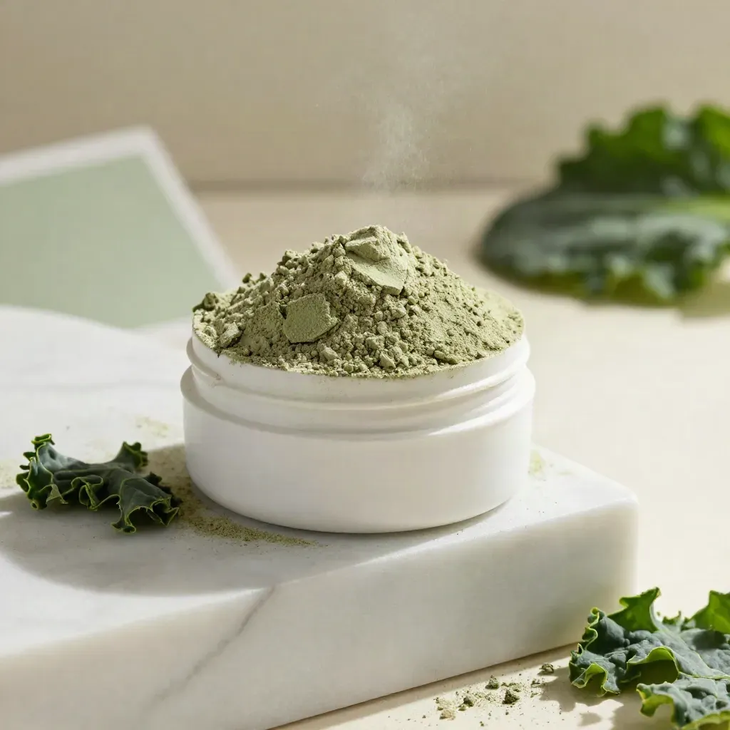 Greens powder tub with leafy greens and a powder plume on marble, soft studio light.