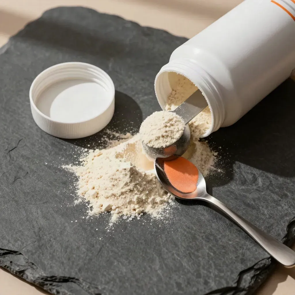 Overhead glutamine powder tub with scoop, spoon and powder trail on cool stone