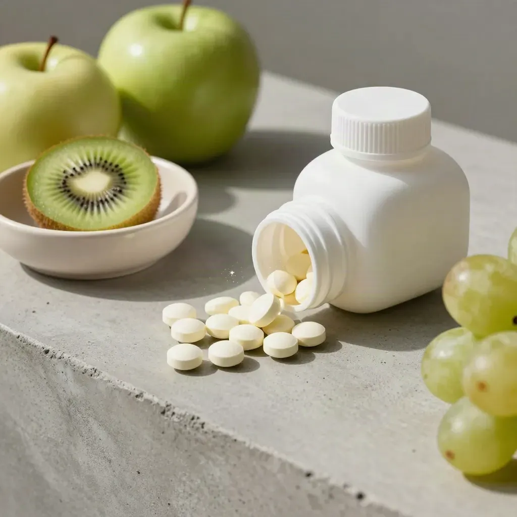 Kids multivitamin bottle with chewables spilling into a bowl beside fresh fruit.