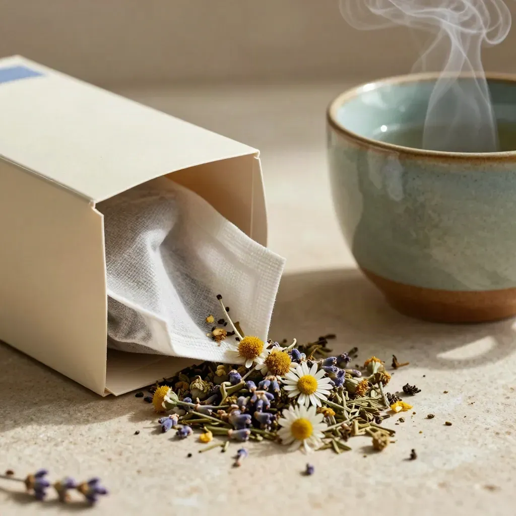 Macro of herbal sleep tea packaging, tea bags, herbs, stone mug and linen sachet with steam.