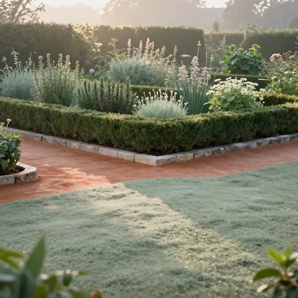 Dewy herb garden path with clipped hedges and mist at sunrise
