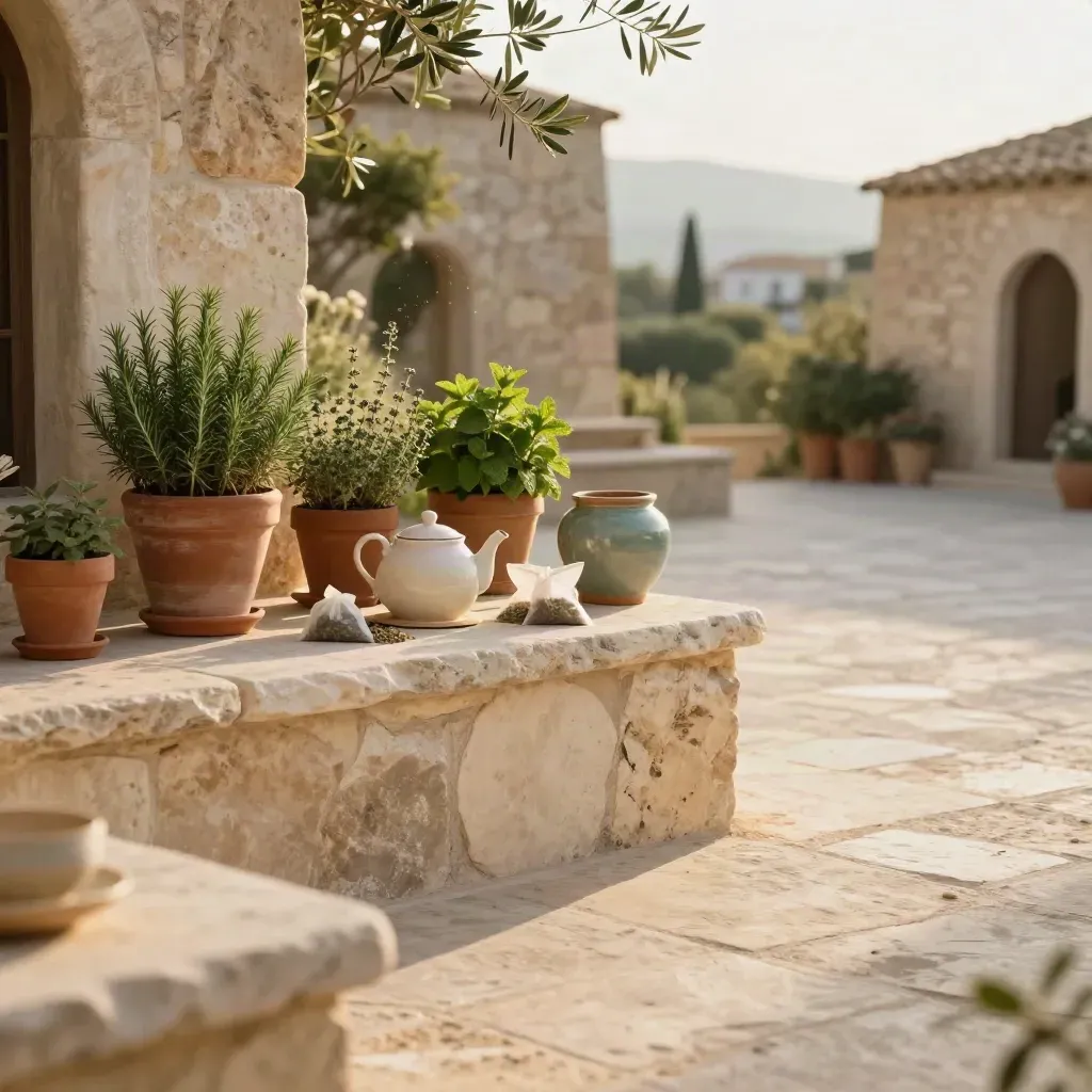 Sunlit stone tea terrace with potted herbs, teal planter and warm walls in golden haze.