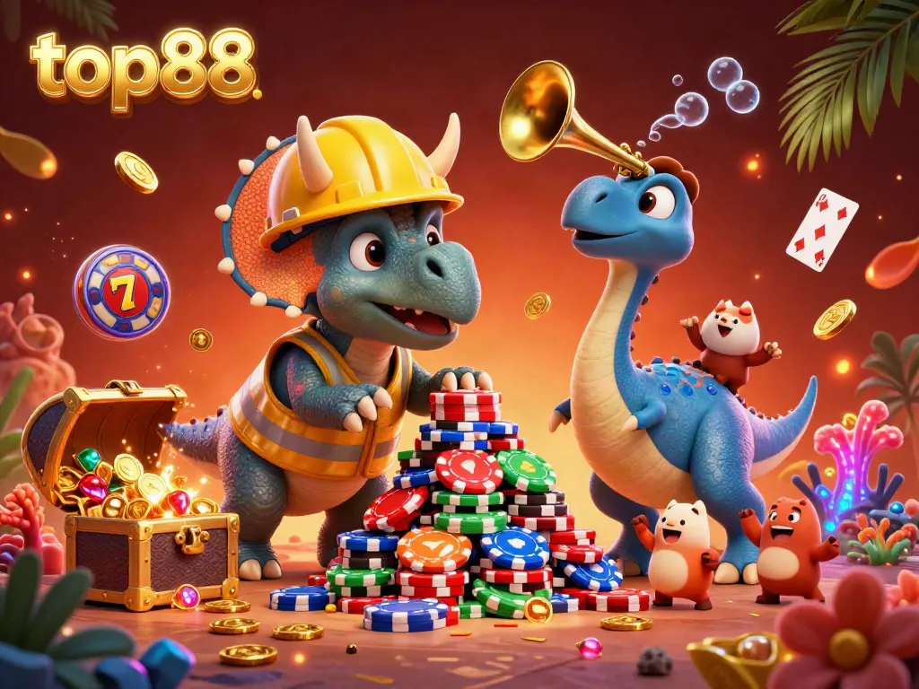 Engage with top88 as a cartoon triceratops celebrates in a casino setting with poker chips and gaming elements.