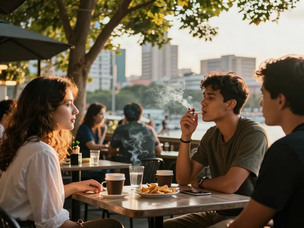 Social gathering featuring a rokok88 super cigarette being enjoyed in a vibrant café.