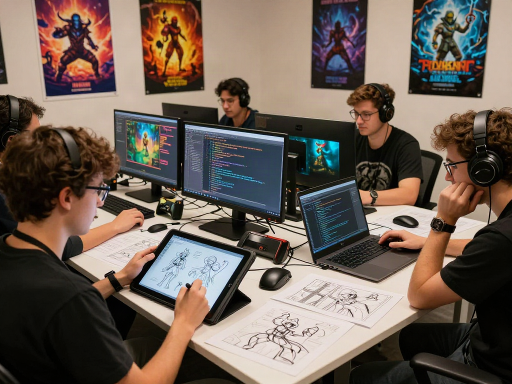 Creative team designing a porn game in a vibrant studio environment