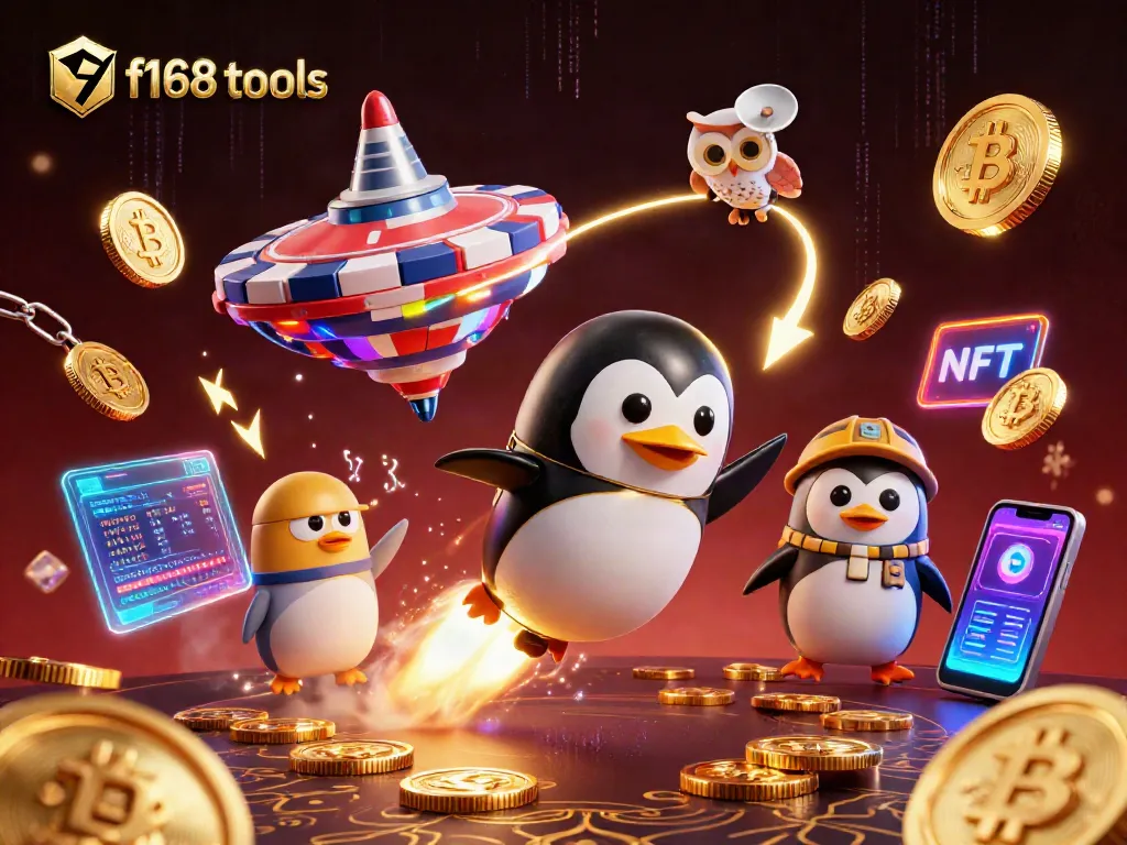 Experience the thrill of f168 tools with a golden penguin soaring toward a vibrant casino!
