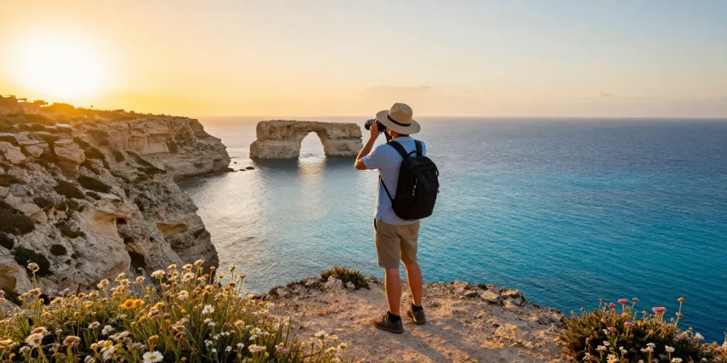 The stunning Gozo coastline during sunset, featuring a traveler on a cliff capturing memories, highlighting the Malta Gozo tour adventure.