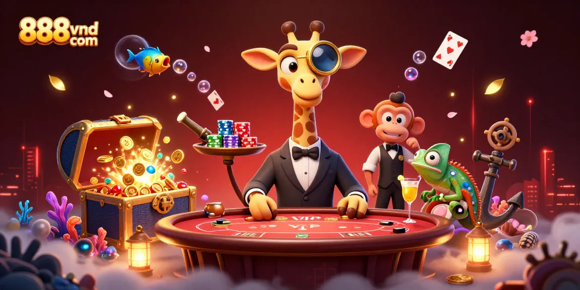 Experience the vibrant world of 888vnd com with a high-roller giraffe and playful characters amid exciting gaming elements.
