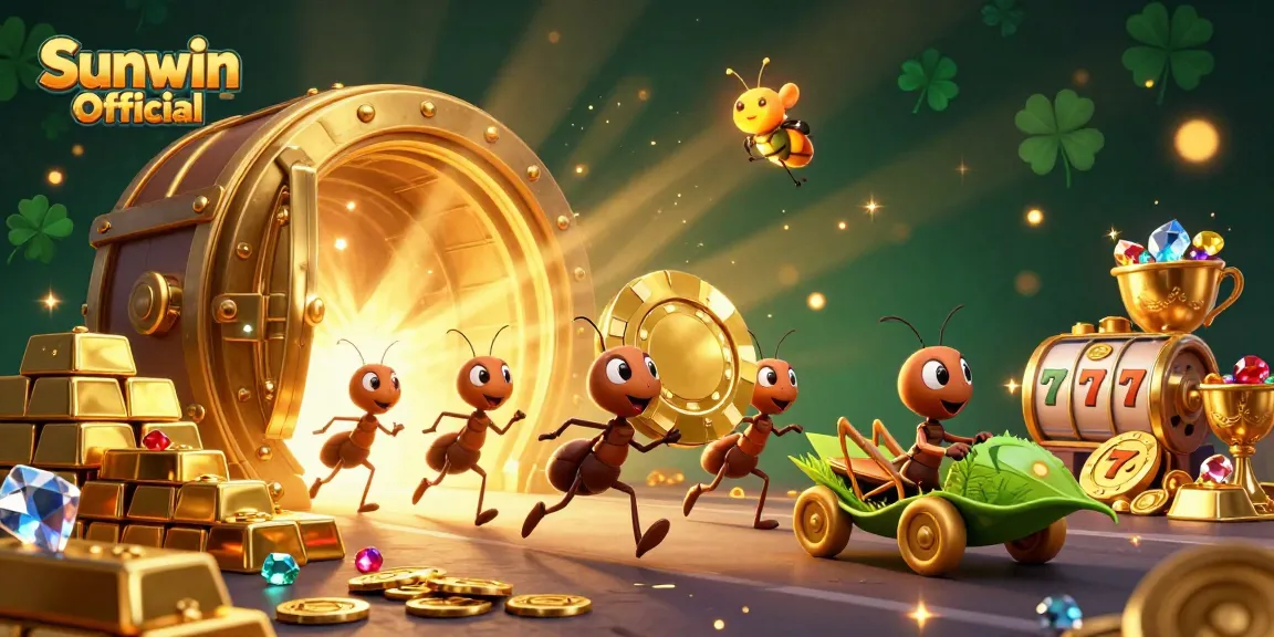 Experience thrilling wins at Sunwin Official with ants carrying a golden poker chip in a vibrant casino scene.